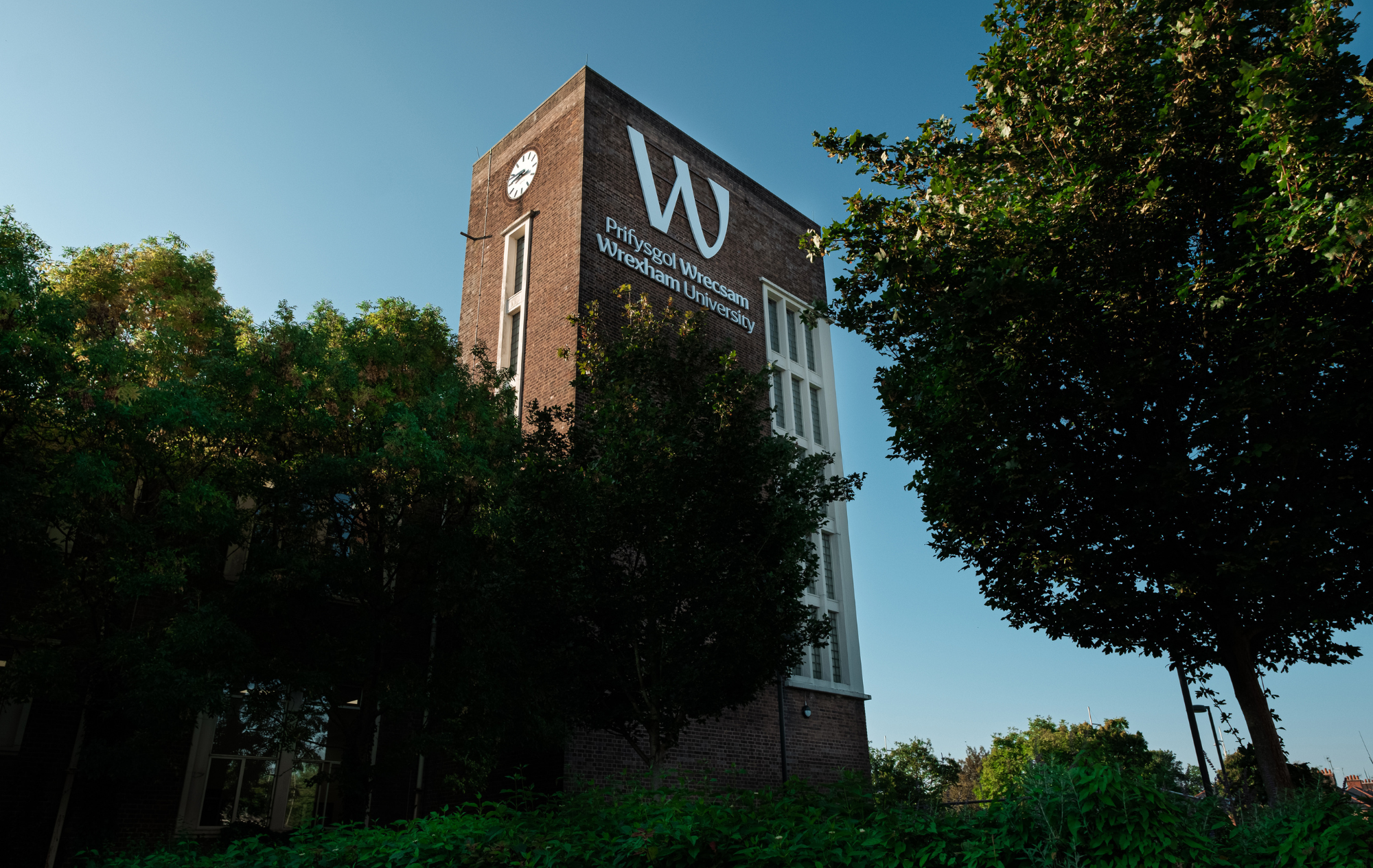 Photograph of the clock tower at Wrexham University