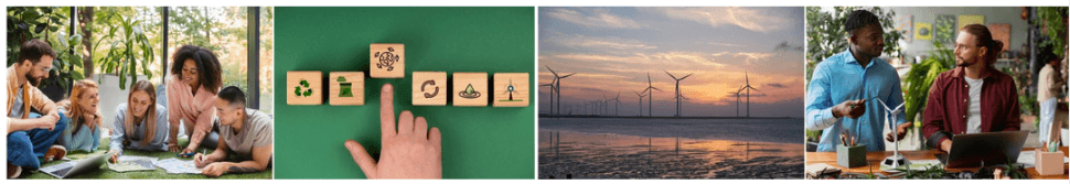 Four-panel collage depicting sustainability and environmental action: people studying together outdoors, recycling symbols, wind turbines at sunset, and colleagues discussing an eco-friendly project.