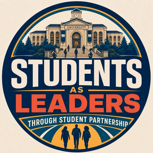 A graphic design of a university campus with the words Student as Leaders through student partnerships written on it