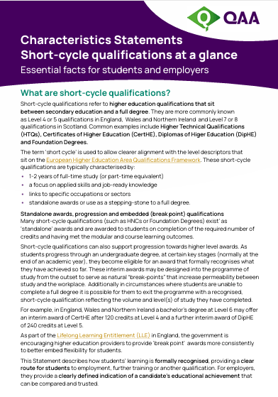 Cover of the guidance document entitled 'Characteristic Statement Short Cycle at a glance'