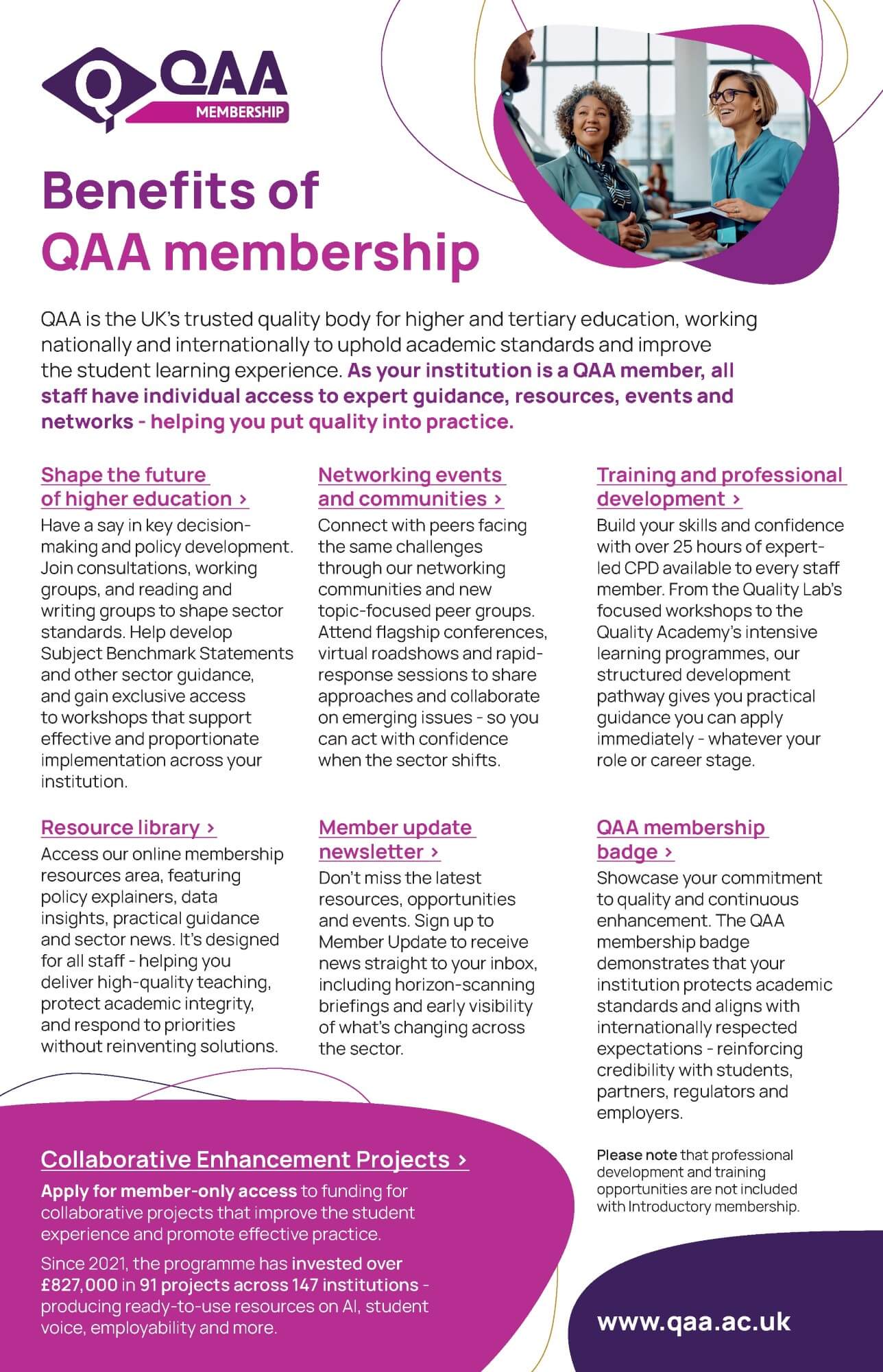Digital poster outlining the key benefits of QAA Membership, with links to further information on resources, networks, events, professional development, and sector support.