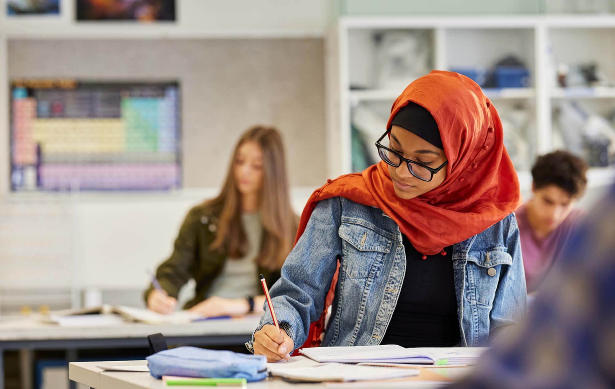 Late teens girl writing in a notebook during a classroom lesson, with other students working in the background.