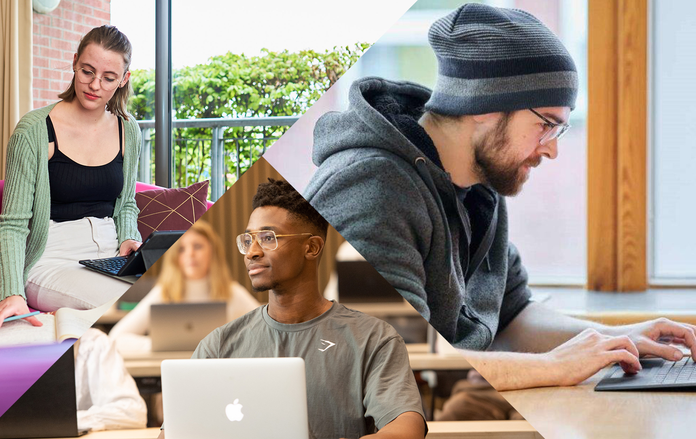 A collage of three photographs of students at work